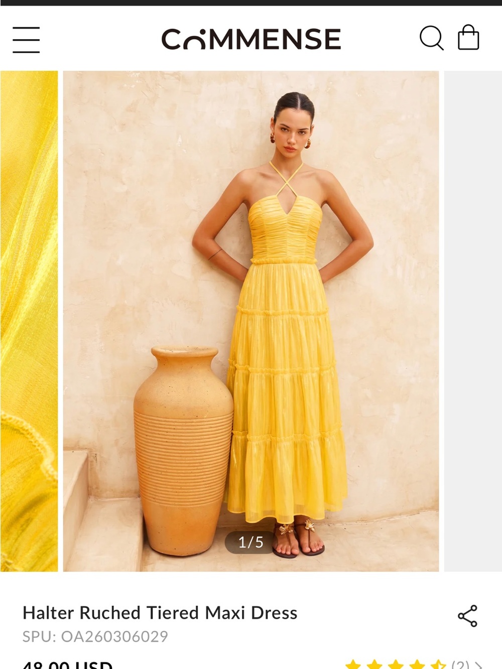 NWT Commense Yellow Halter Ruched Tiered Midi Dress